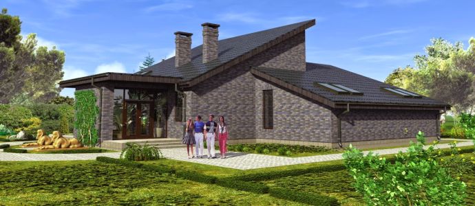 Проект П-образного дома с односкатной крышей